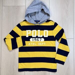 Polo Ralph Lauren Boys Striped Hoodie Long Sleeve‎ Shirt Yellow Navy Size 7